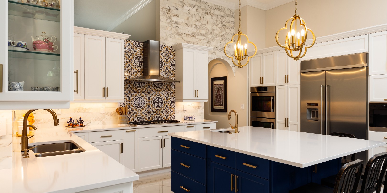 Beautiful luxury estate home kitchen with white cabinets