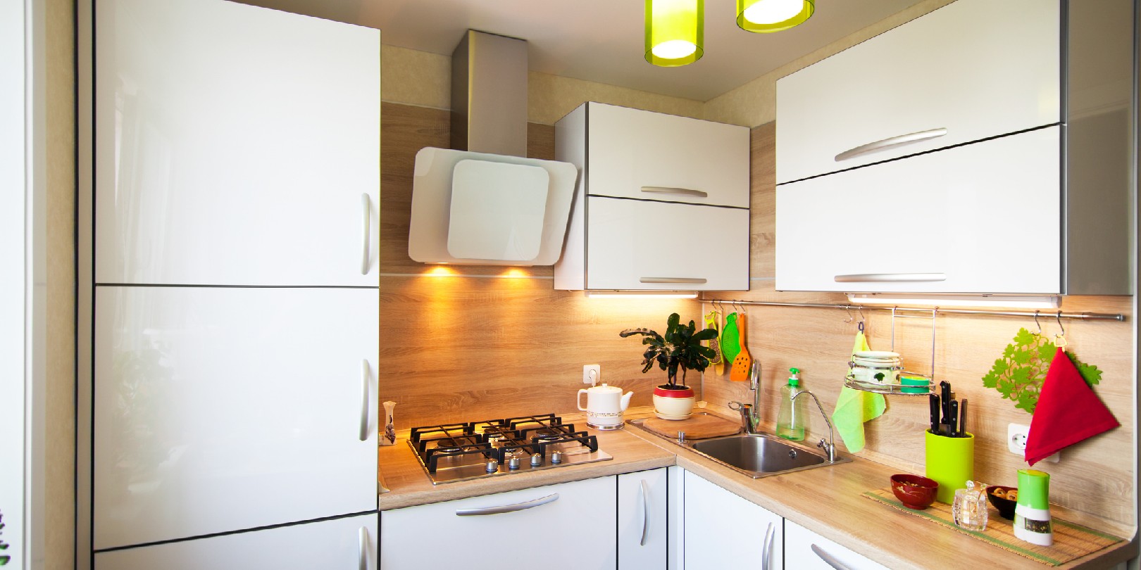 White and brown interior for small kitchen