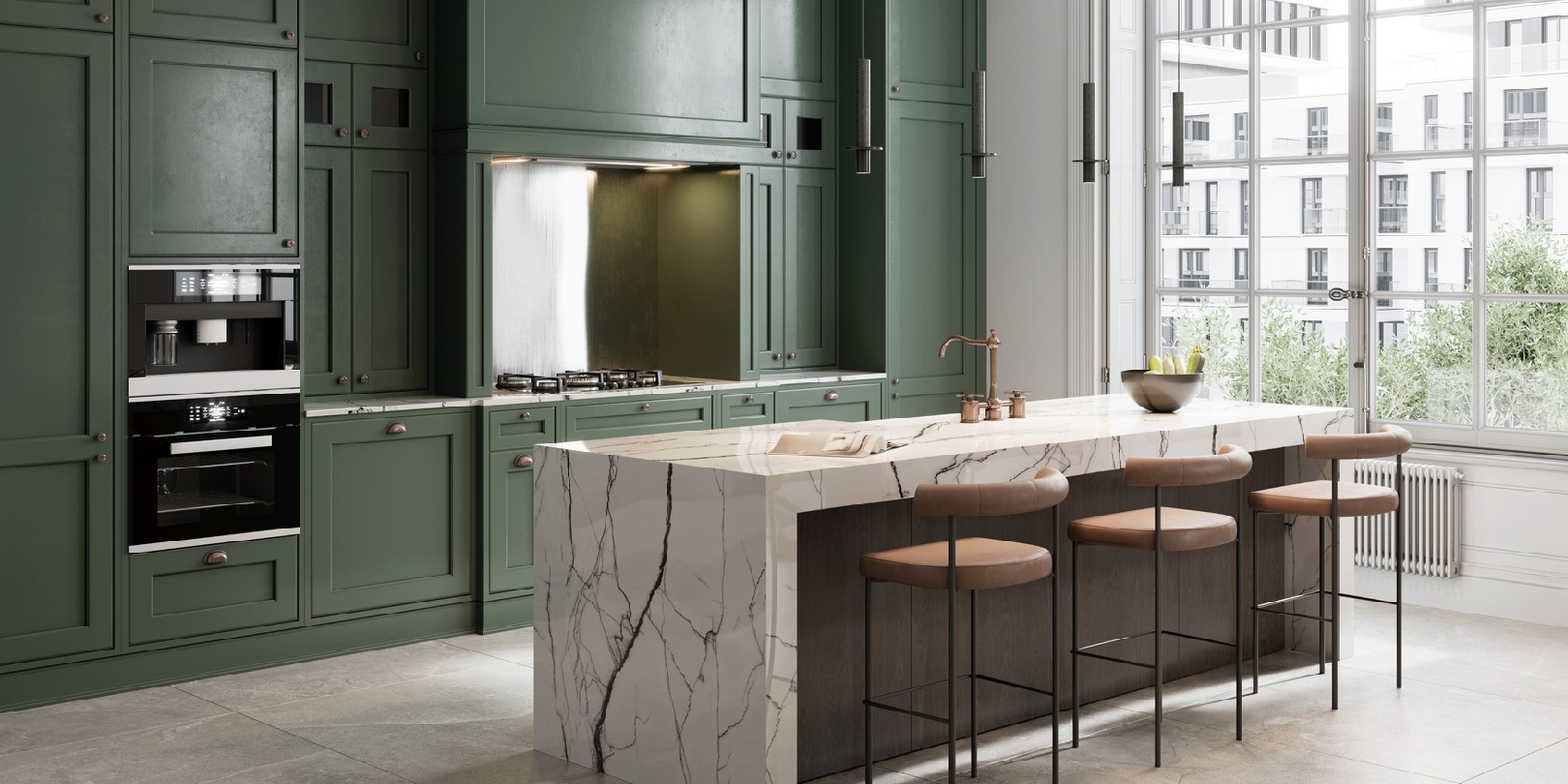 3D rendering of modern kitchen island with three high chairs.