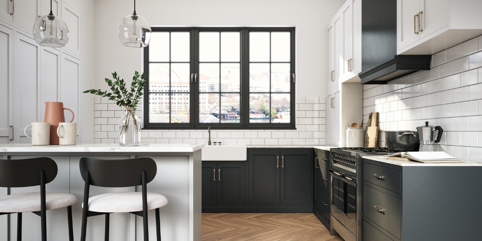 Interior design of elegant kitchen with black and white elements