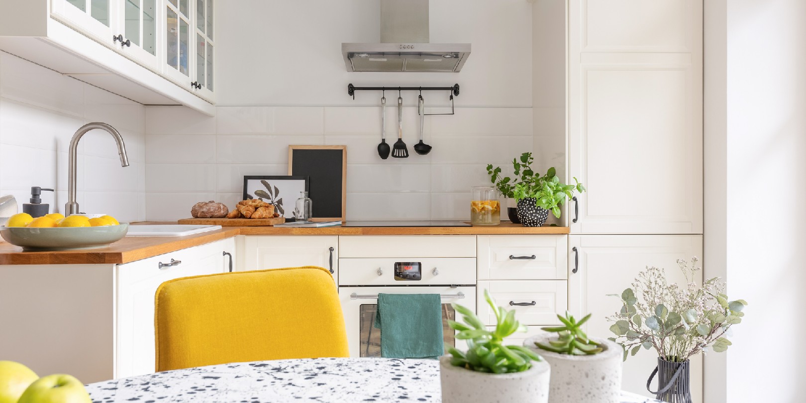 Plants in pots on the table in stylish white kitchen interior, real photo