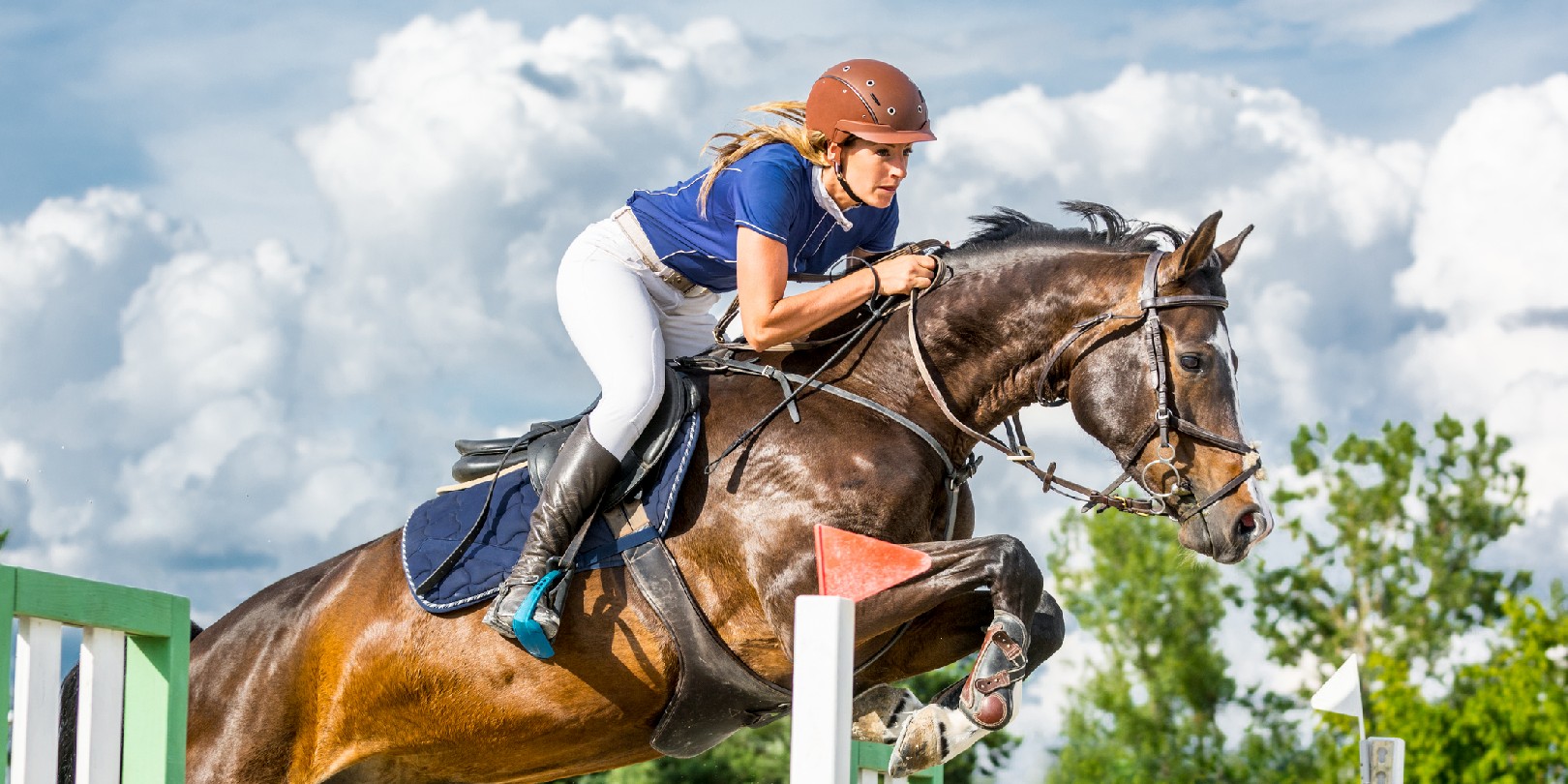 Close-up of horse with a female rider jumping over a double hurdle.